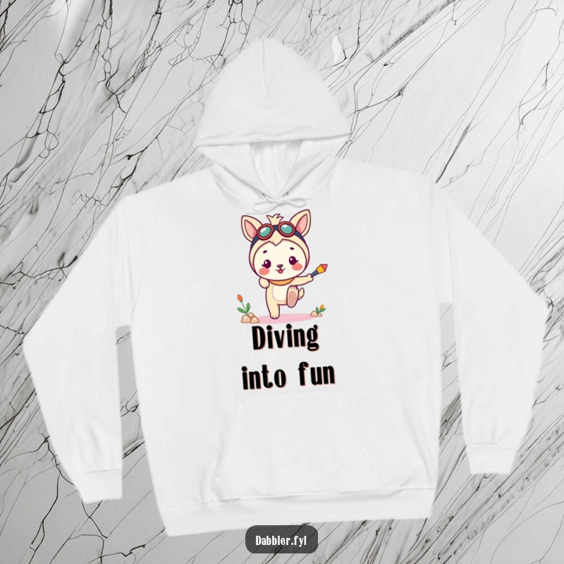 Funny hoodie showcasing a cheerful animal character dipping a toe into a new pursuit, symbolizing the joy of starting something fun.