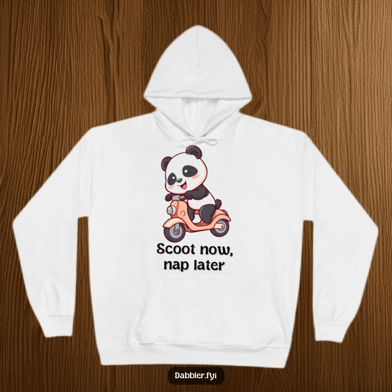 Funny Panda Hoodie: A spunky panda character hilariously attempts to ride a toy scooter, perfect for cozy, humorous moments.