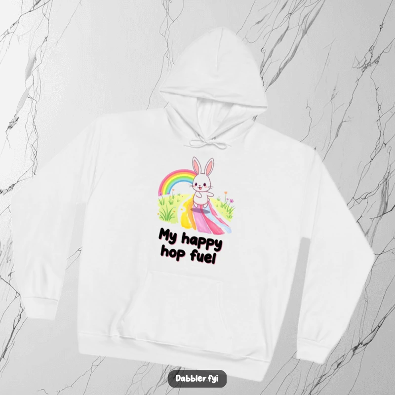 Funny Hoodie: A cheerful rabbit bounds along a newly painted rainbow path, radiating happiness and a passion for artistic adventures.