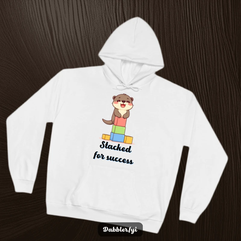 Funny Hoodie: A delighted otter character meticulously balancing a precarious tower of colorful blocks, demonstrating humor.