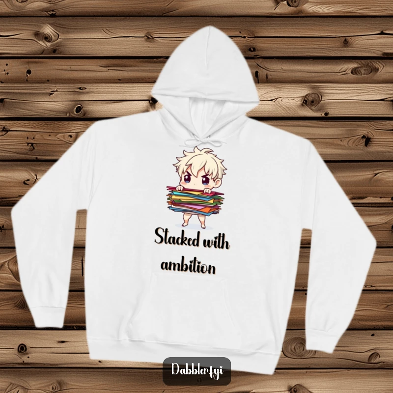 Funny paper balancer hoodie featuring a determined character balancing colorful paper scraps, perfect for warm and organized moments.