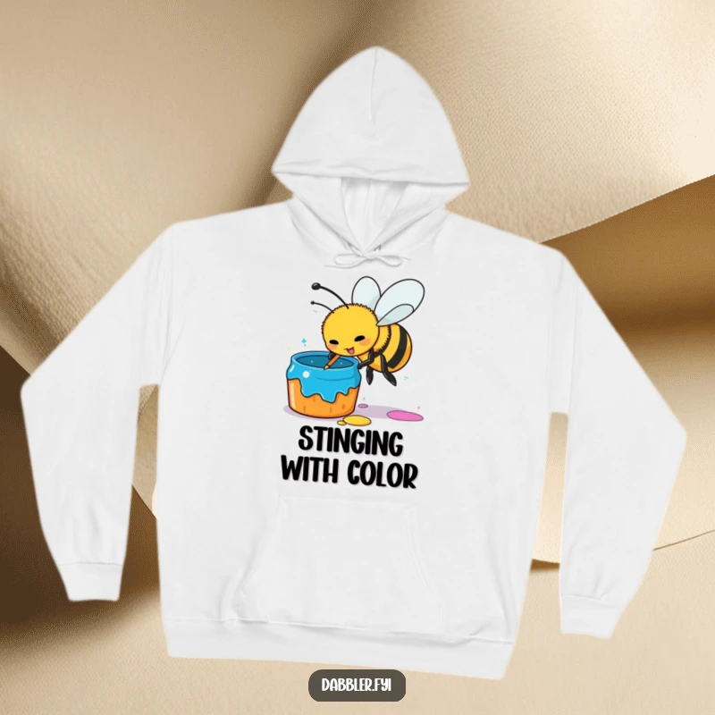 Funny busy bee hoodie, artist bee dipping stinger in paint pot, cozy, humorous, artistic gift for creatives and painters.