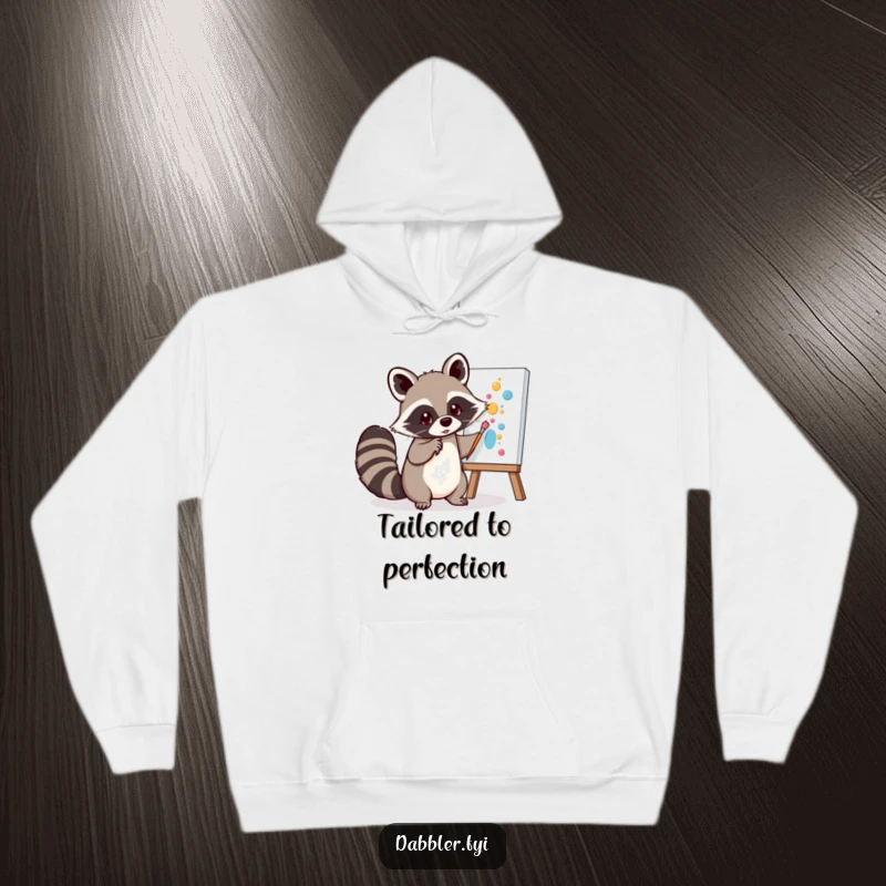 Funny Hoodie: A mischievous raccoon playfully dabs paint onto a canvas with its tail, showcasing a truly unique artistic method.
