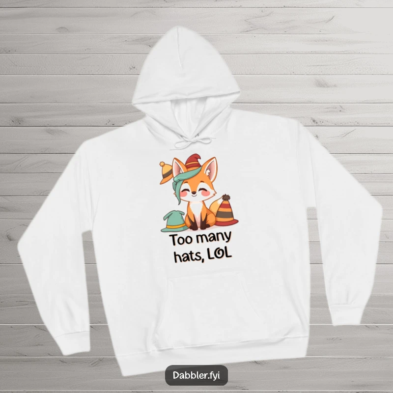 Funny Fox Hoodie featuring a giggling fox playfully experimenting with a collection of fashionable hats, perfect for cozy style.