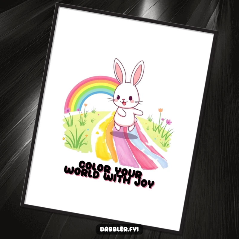 Funny Free Printable Wall Art: A happy rabbit skips along a freshly painted rainbow path, vibrant downloadable art.