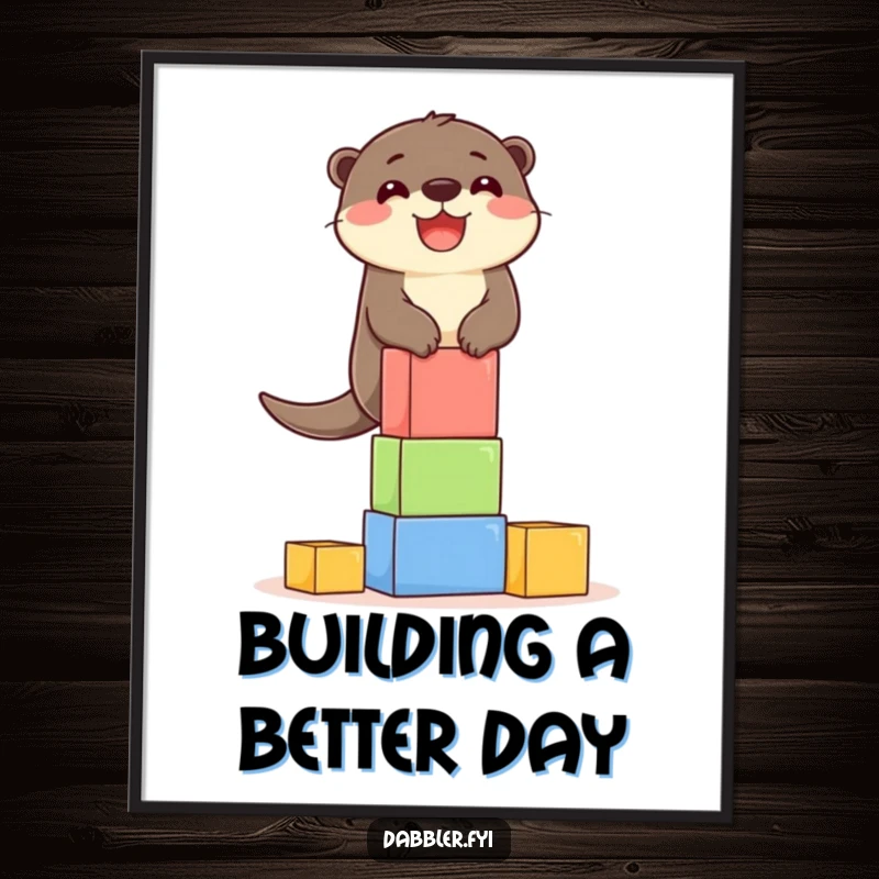 Funny Free Printable Wall Art: Delighted otter balancing a precarious tower of colorful building blocks with joy.