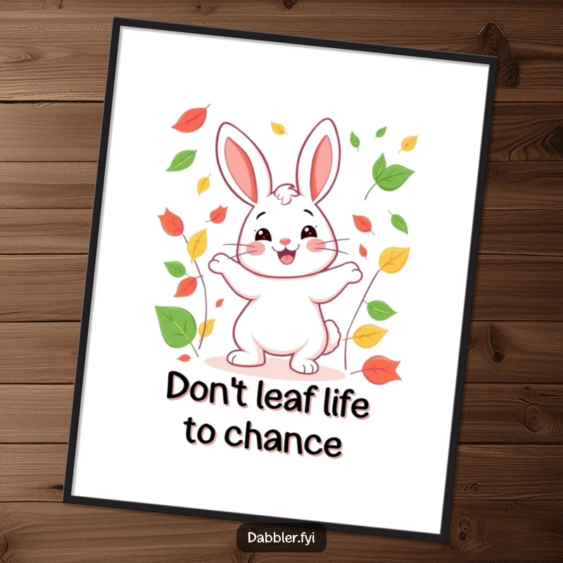 Funny Free Printable Wall Art: A happy rabbit juggling colorful leaves with a broad smile, full of autumn joy.