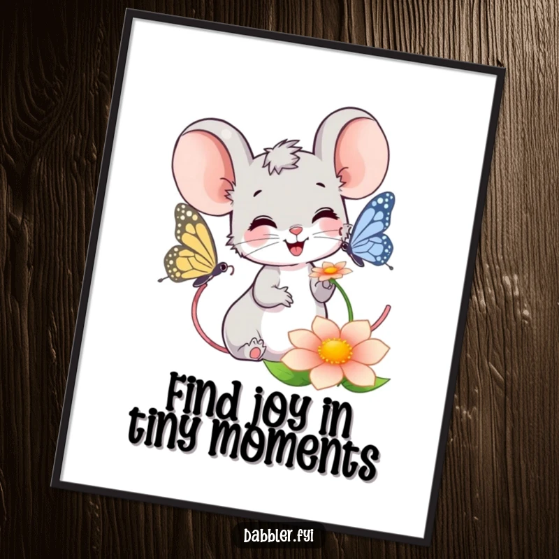 Funny Free Printable Mouse Wall Art: A smiling mouse happily observes a butterfly on a flower, bringing whimsical charm.