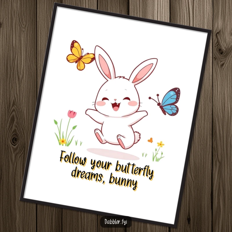 Funny Free Printable Wall Art: A happy little rabbit excitedly follows a fluttering butterfly through a meadow.