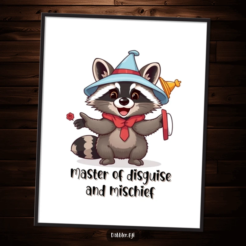 Funny Free Printable Raccoon Wall Art featuring a playful raccoon in multiple hats and disguises, looking mischievous.
