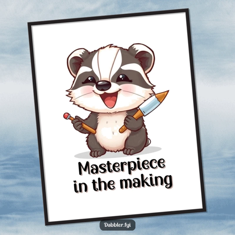Funny Free Printable Wall Art: A delighted badger enthusiastically experiments with a palette knife, unique downloadable art.