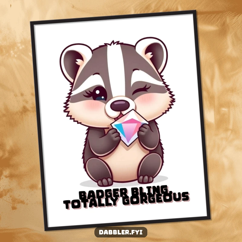 Funny Free Printable Wall Art: A surprised badger winking and holding a sparkly gem, whimsical and humorous downloadable art.