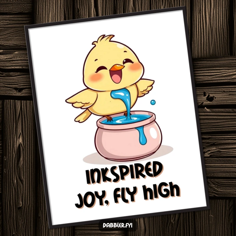 Funny Free Printable Wall Art: Joyful bird enthusiastically dips its beak into a pot of blue ink, downloadable.