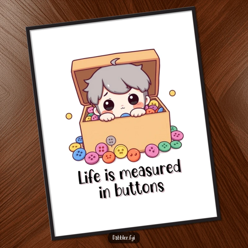Funny Free Printable Wall Art of a character curiously examining a treasure trove of colourful buttons, a whimsical piece of art.
