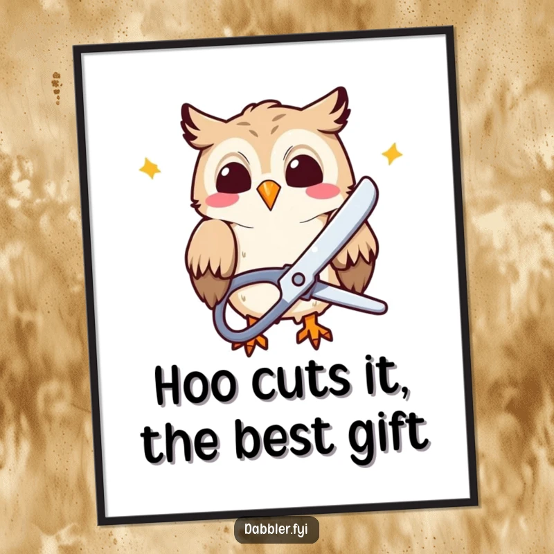 Funny Free Printable Wall Art: Giggling owl snipping colorful paper with large scissors, adding whimsical DIY charm.