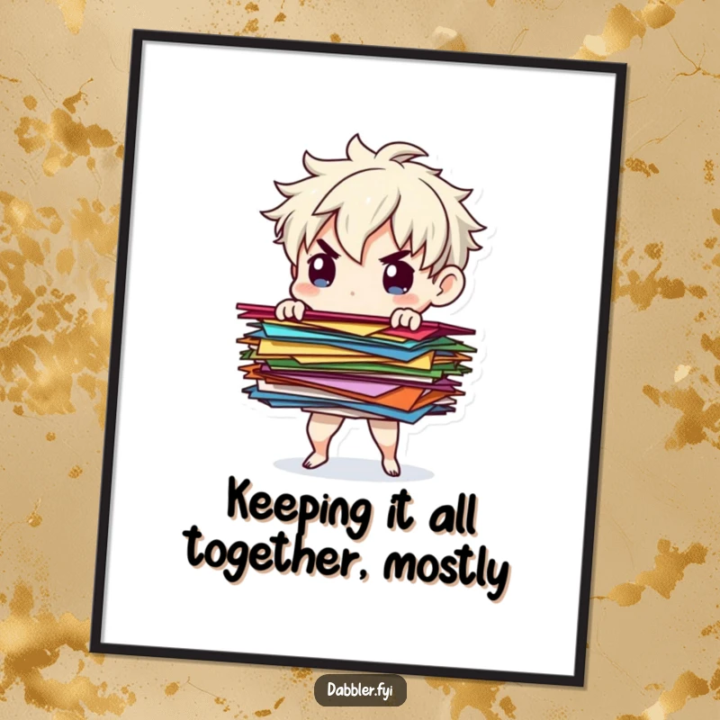 Funny Free Printable Wall Art: Determined character balancing a stack of colorful paper scraps, ideal for humorous downloadable decor.