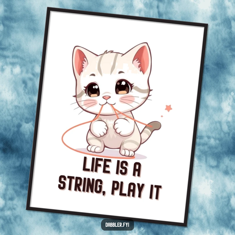Funny free printable wall art showing a happy kitten with wide eyes playing with a string that weaves everywhere, an illustration.