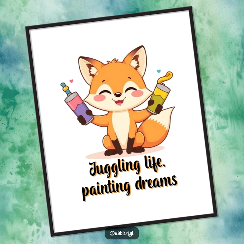 Funny Free Printable Wall Art: A playful fox humorously juggles three colorful paint tubes, radiating artistic joy.