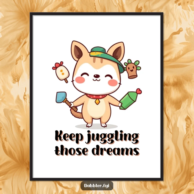 Funny Free Printable Wall Art: A smiling, curious animal character juggles three quirky items with impressive skill.