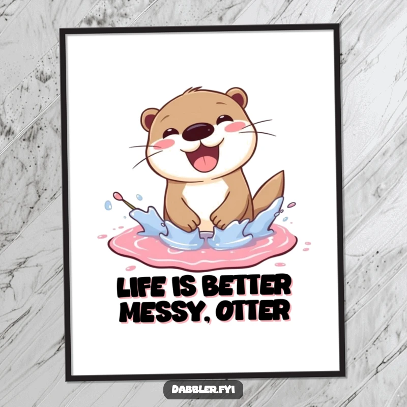 Funny Free Printable Wall Art: Cheerful otter playfully splashing in paint puddle, joyful art, colorful decor.