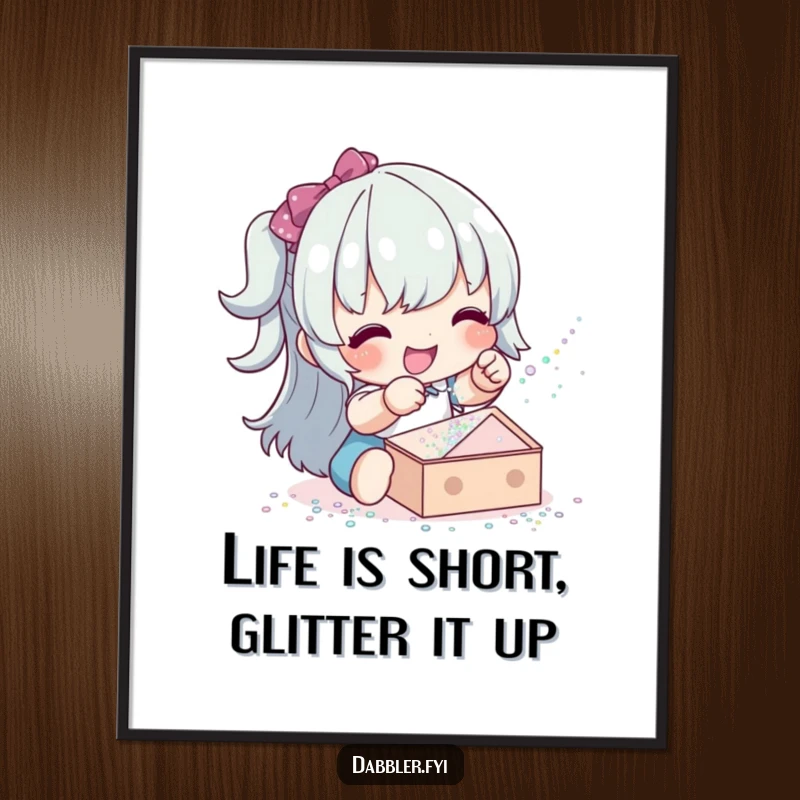 Funny Free Printable Wall Art: Happy character playfully sprinkling glitter onto a small project, ideal for humorous downloadable decor.