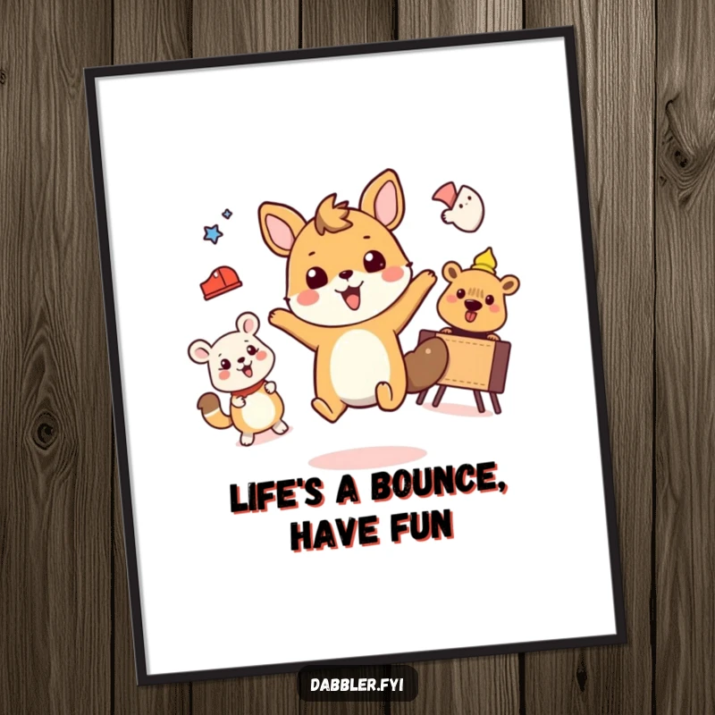 Funny Free Printable Wall Art of an excited animal character energetically bouncing and participating in various amusing and simple activities.