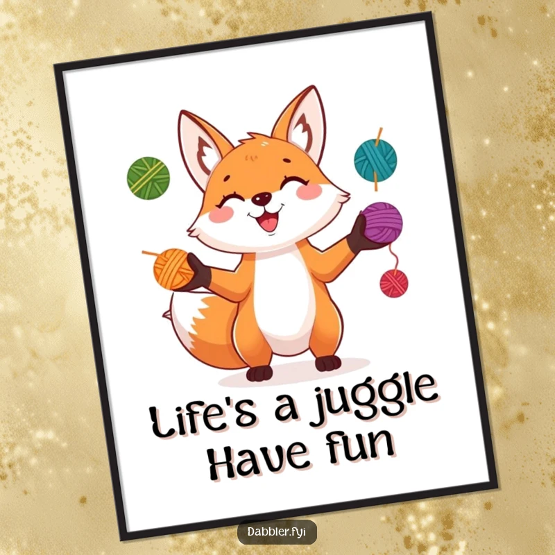Funny Free Printable Wall Art of a playful fox grinning while juggling colorful yarn balls, perfect for whimsical home decor.