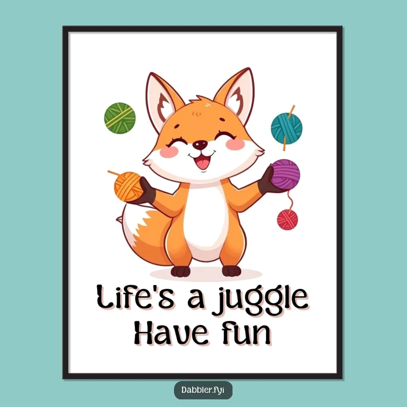 Funny Free Printable Wall Art: Playful Fox Yarn Juggler, Downloadable Decor Gift