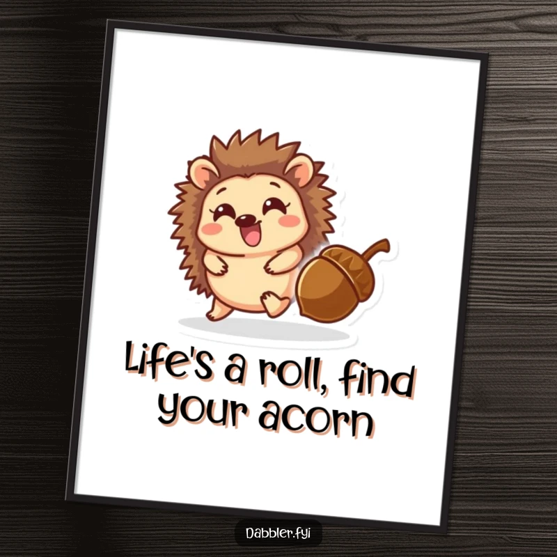 Funny Free Printable Wall Art: A delighted hedgehog playfully chases a rolling acorn with a big smile.