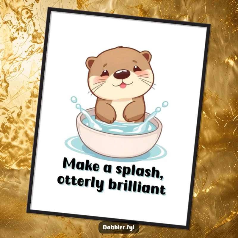 Funny Free Printable Wall Art: Otter having a blast splashing in a tiny dish, a delightful and comical scene.