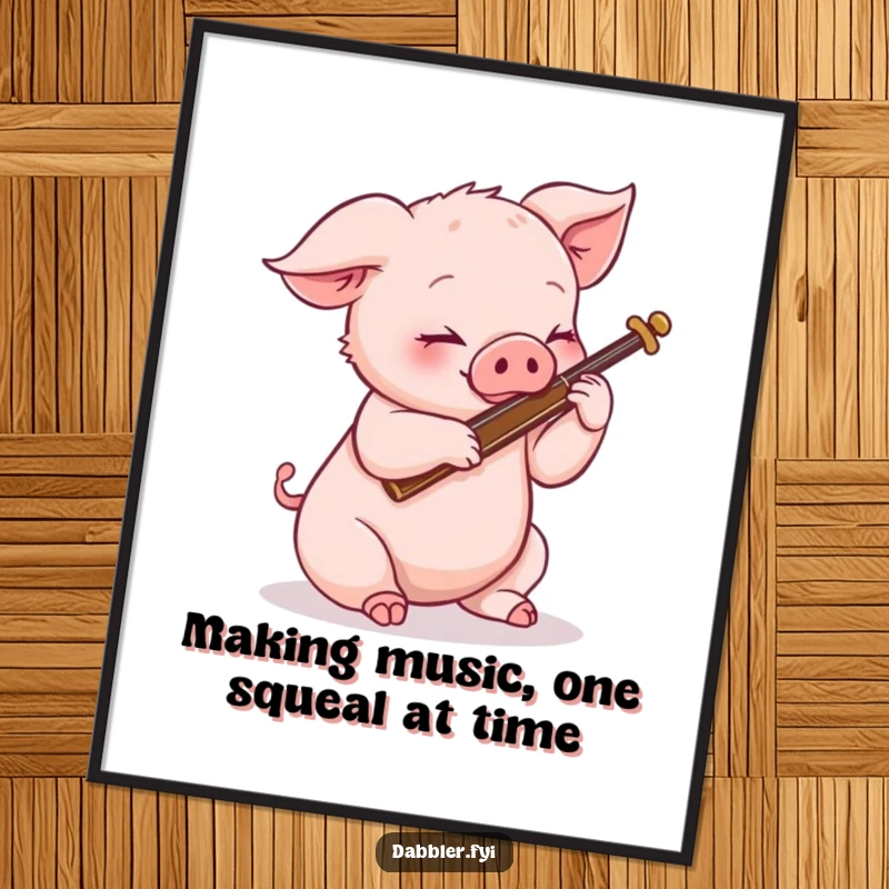 Funny free printable wall art: a charming piglet hilariously attempting to master a small, peculiar musical instrument.