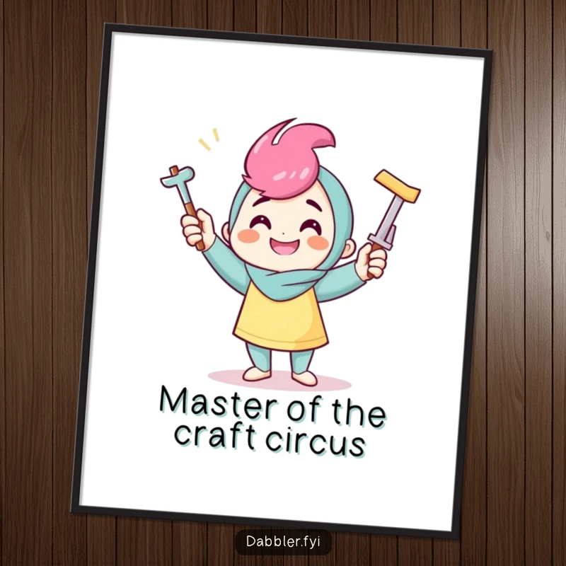 Funny Free Printable Wall Art: Smiling character juggling three crafting tools, ideal for humorous downloadable craft room decor.
