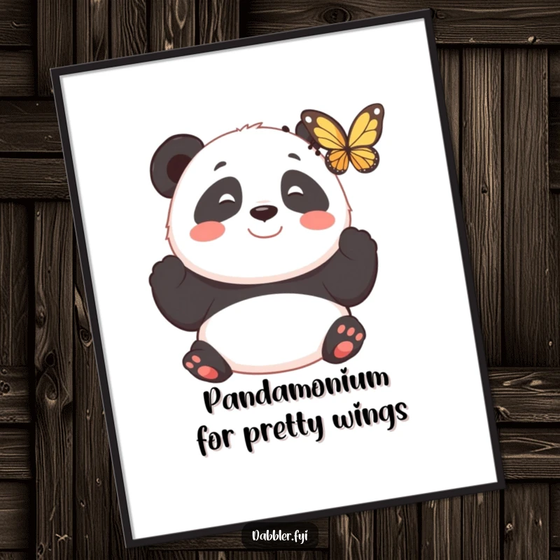 Funny Free Printable Wall Art: A smiling panda observing a butterfly with fascination, tranquil and humorous downloadable art for any room.