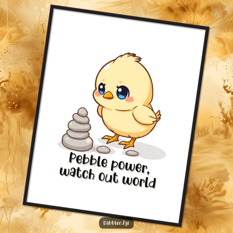 Funny Free Printable Wall Art: A determined chick humorously stacking pebbles, cute downloadable art for a child's room or nursery.