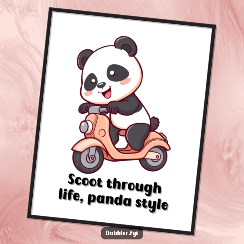 Funny Free Printable Wall Art: A spunky panda comically attempts to ride a toy scooter, adding playful charm to any room.
