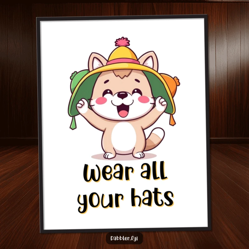 Funny Free Printable Wall Art: A playful animal character excitedly wears multiple colorful hats simultaneously.