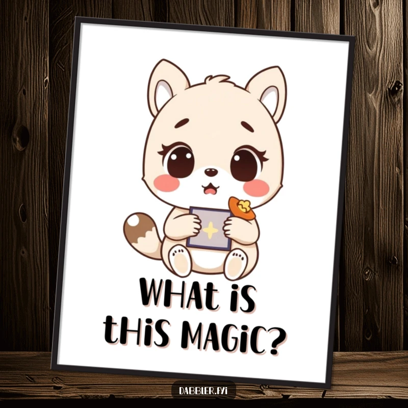 Funny free printable wall art: A wide-eyed animal character is hilariously surprised by a delightful, unexpected discovery.