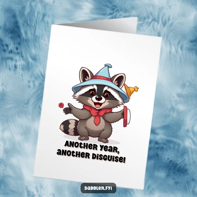 Funny Free Printable Raccoon Birthday Card showing a playful raccoon gleefully trying on various silly hats and disguises.