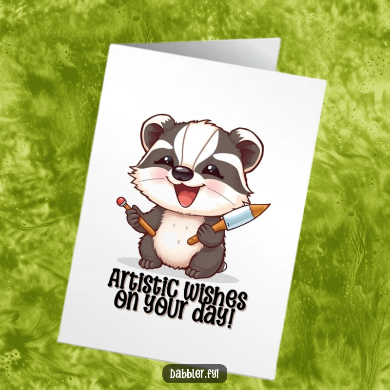 Funny Free Printable Birthday Card: Delighted badger artist enthusiastically uses a palette knife, a DIY gift with flair.