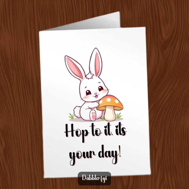 Funny Free Printable Birthday Card: Curious bunny with ear up, poking a colorful mushroom, whimsical downloadable art.