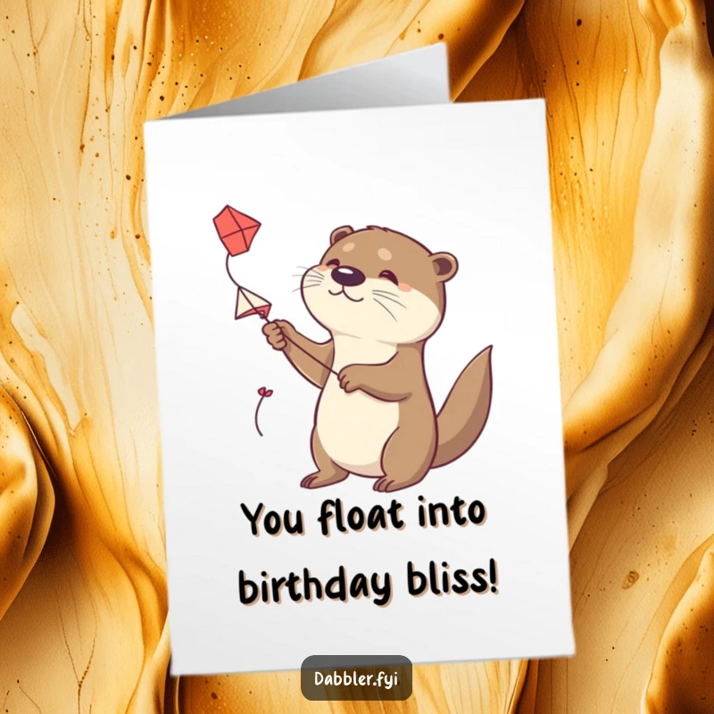 Funny Free Printable Birthday Card: A determined otter attempts to fly a small kite, a humorous DIY gift idea.