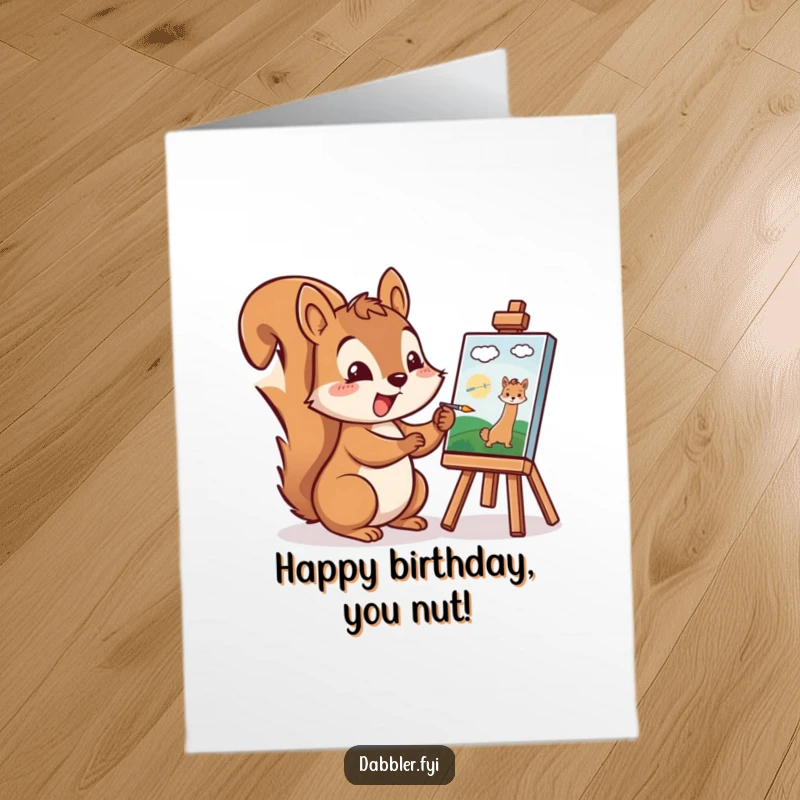 Funny Free Printable Birthday Card: An excited squirrel paints a tiny picture, a delightful DIY gift for art lovers.