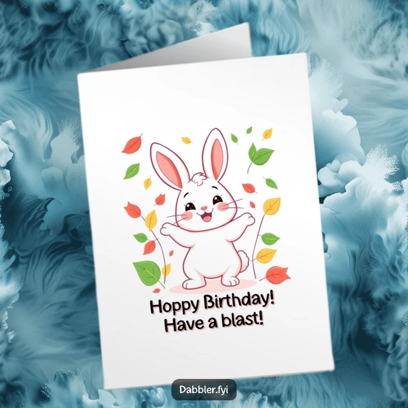 Funny Free Printable Birthday Card: Happy rabbit juggling colorful leaves with a broad smile, celebrating joyfully.