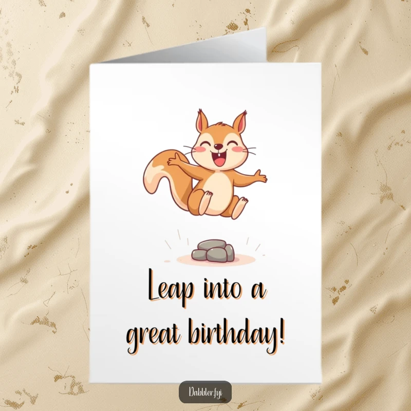 Funny Free Printable Birthday Card: Joyous squirrel leaping energetically over a tiny imaginary obstacle, a fun and whimsical design.
