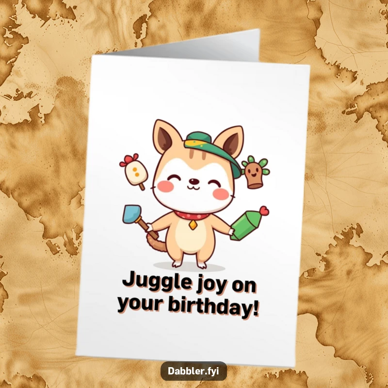 Funny Free Printable Birthday Card: A curious animal smiles while skillfully juggling three distinctly odd items.