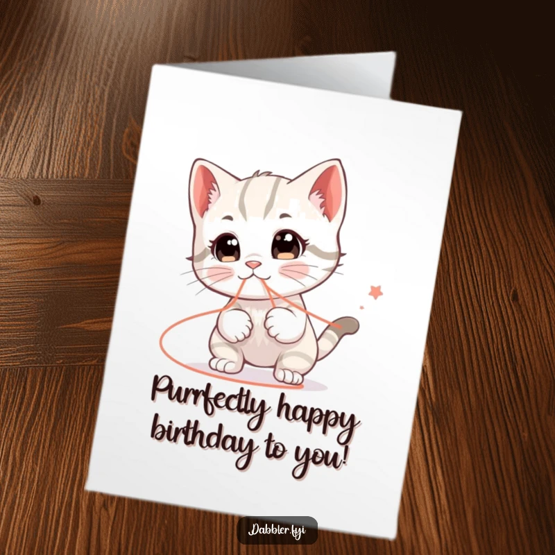 Funny free printable birthday card of a wide-eyed kitten playfully chasing a string that goes everywhere, a cute DIY.