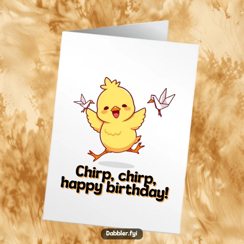 Funny Free Printable Birthday Card: Playful chick dancing with an origami crane, a charming DIY gift.