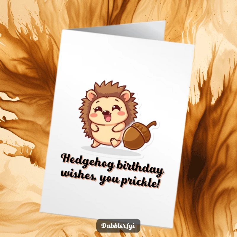 Funny Free Printable Birthday Card: A delighted hedgehog rolls after a bouncy acorn with a happy grin.