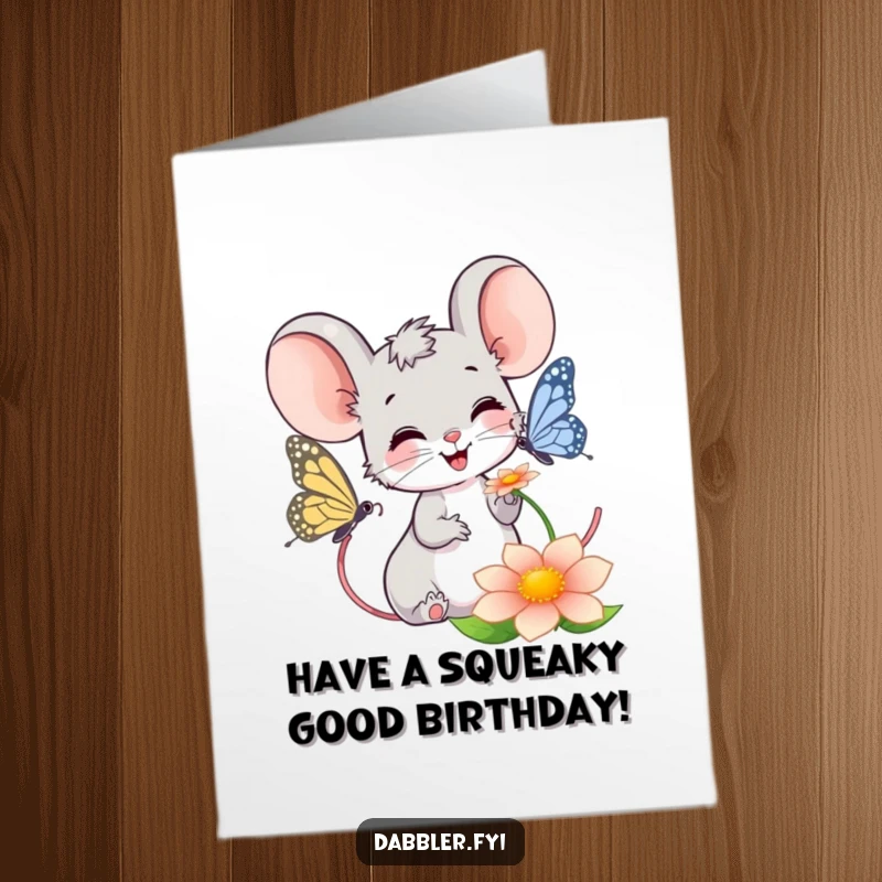 Funny Free Printable Mouse Birthday Card: A smiling mouse watches a butterfly on a flower, sending birthday wishes.