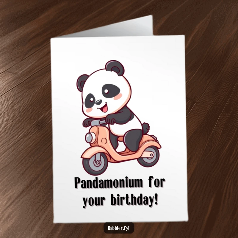Funny Free Printable Birthday Card: Spunky panda hilariously wobbles on a toy scooter, ready to deliver birthday cheer.